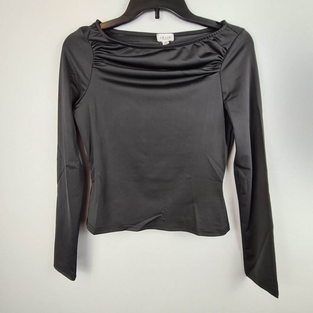 Le Lis Women's Black Biat Neck Rouched Top‎ Medium Long Sleeve Stretch Blouse
